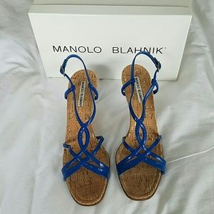 EUC Manolo Blahnik Blue Patent Strappy Sandal 39.5 9 or 8.5 Cork w Gold Flecks